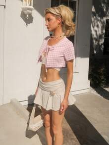 Sydney Algeri Plaid Print Tie Front Crop Tee Casual Pink Summer - Pink - View 6