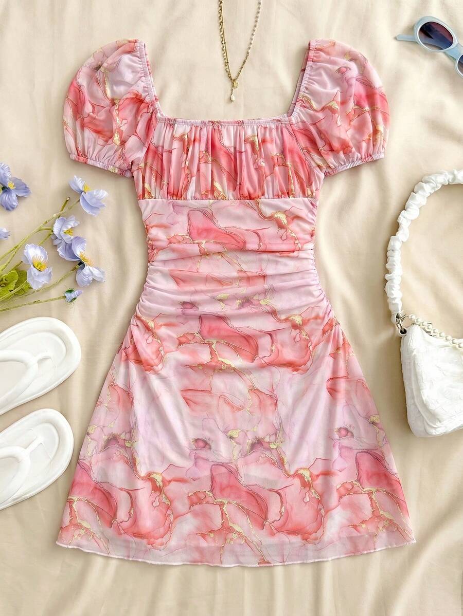 SHEIN Teen Girls Summer Casual Elegant Marble Print Dress Hot Pink Powder Marble Pattern Vacation - Multicolor - View 1