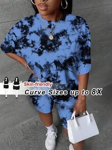 SHEIN CURVE+ 大尺碼休閒全印花紮染T恤短褲兩件套 - 彩色 - 查看 1