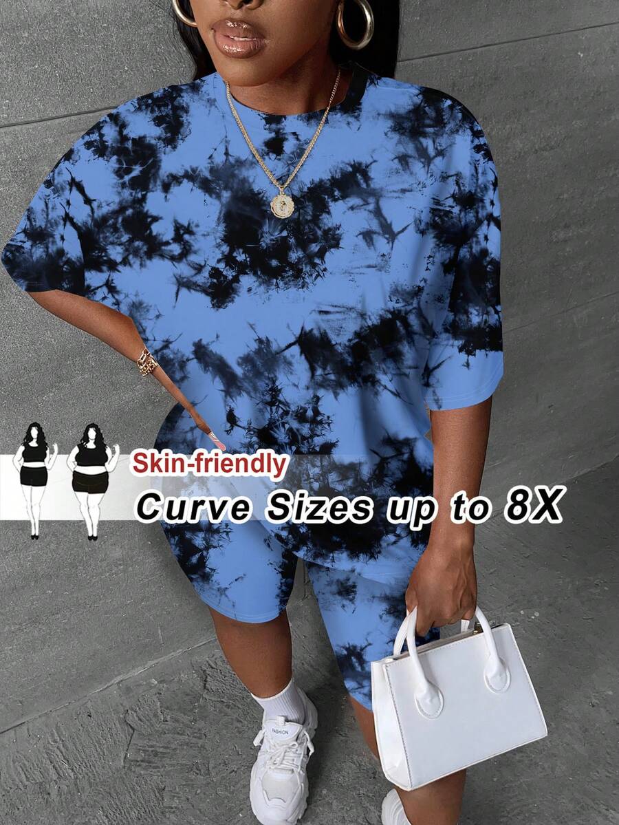 SHEIN CURVE+ 大尺碼休閒全印花紮染T恤短褲兩件套 - 彩色 - 查看 1