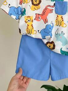 LMoss Kids 2pcs Baby Boy Cute Cartoon Pattern Color Block Round Neck T-Shirt And Shorts Set - Multicolor - View 4