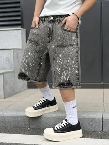 GALLERY FADE Men's Casual Street Rhinestone Distressed Slant Pocket Denim Shorts - Grey - View 3