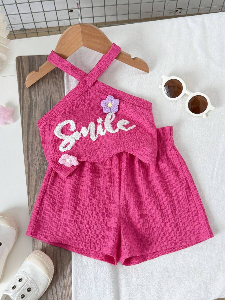 SHEIN Young Girl Casual Daily Criss-Cross Fitted Tank Top And Shorts Set - Hot Pink - View 1