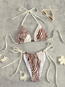 Swim Vcay Top bikini cu cupă triunghi și bretele halter, imprimeu zebră alb crem și maro, stil boem sălbatic, cu detalii din mărgele, șnur la spate și șnururi laterale, pentru vacanță de vară, insulă, festival de muzică, junglă, petrecere pe plajă, casual, exotic, relaxat, textură naturală, vintage, pentru tinerete energică, hot, îndrăzneț, încrezător, vibrant, photogenic - Maro - Vizualizare 2