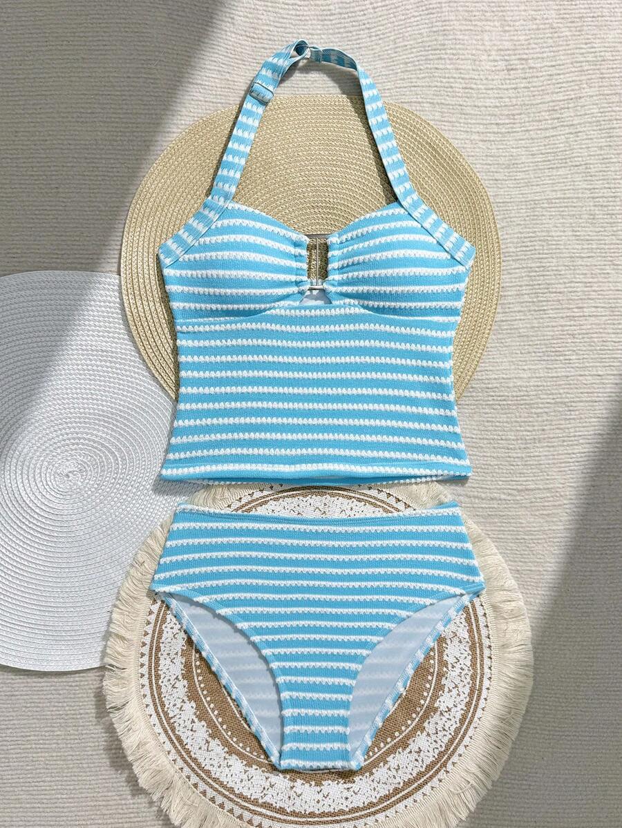 SHEIN 2件組青少年女孩粉色波浪條紋金屬裝飾柔軟舒適針織面料女孩(大尺碼)泳裝套裝,適用於海灘、泳池、海邊、衝浪、度假、夏季、旅行 - 藍色 - 查看 1