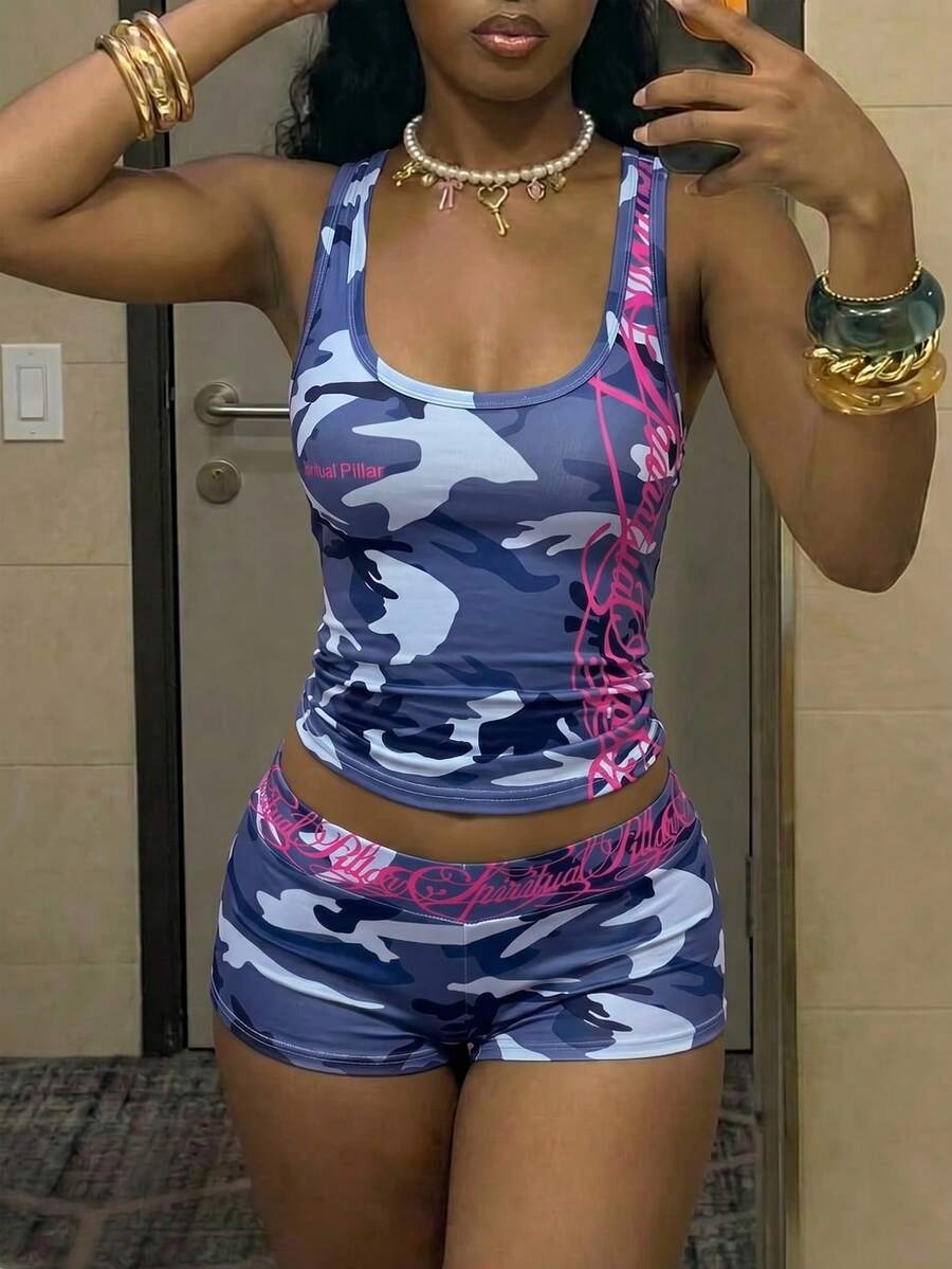 StreetHx Women's Fashion Camouflage Print Tank Top And Shorts 2 Pieces Set - Multicolor - View 1