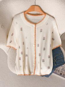CosyJoli Women's Contrast Color Print Round Neck Short Sleeve Cardigan, Spring/Summer Fall/Winter - Apricot - View 3
