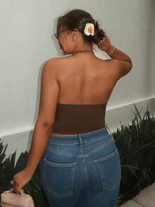 Firerie Plus Size Women Halter Neck Versatile Casual Top - Brown - View 3