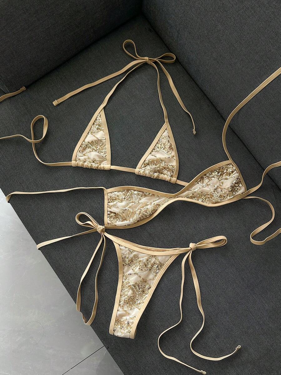Swim Vcay-D 3件組夏季度假海灘棒球圖案紋理面料掛脖三角比基尼上衣、掛脖平口上衣與側綁比基尼泳褲性感女款泳裝套裝 - 金色 - 查看 1