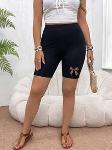 SHEIN VCAY Quần short biker nữ phong cách thường ngày | Cạp cao màu đen - Họa tiết nơ báo đốm ôm sát nâng mông quần short yoga đồ thể thao - màu đen - Xem 4