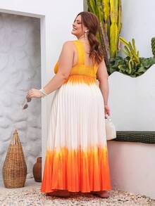 Truni Plus Size Women's Elegant Orange Gradient Sleeveless Pleated Dress,Summer Tropical Vacation Holiday Beach Sunset Tequila Sunrise Dress For Pear - Multicolor - View 3