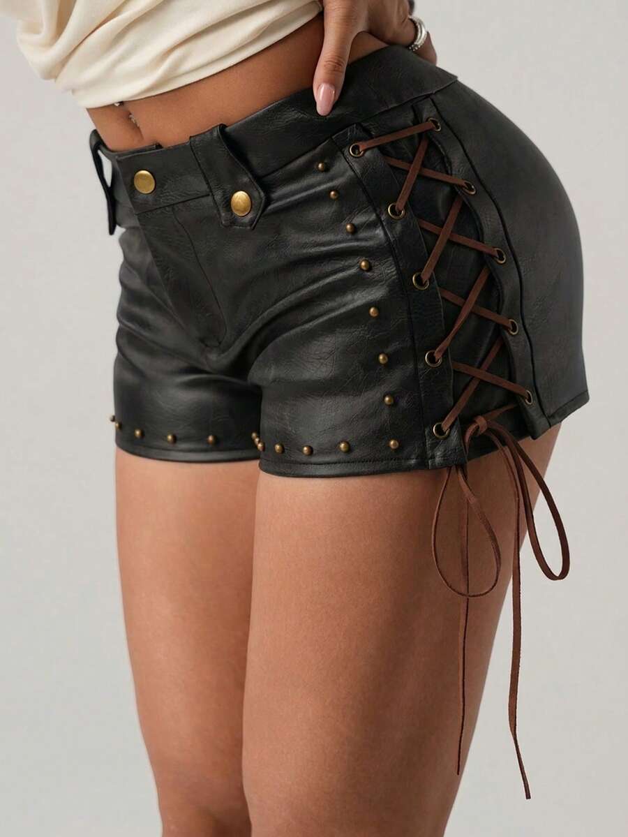 SHEIN ICON Women's PU Leather Tie-Up Design Fashion Shorts - Black - View 1