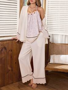PalaceNights 3pcs Vintage Ditsy Floral Spaghetti Strap Jumpsuit And White Long Sleeve Cardigan Set - Multicolor - View 1