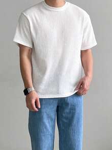 DAZY White Ribbed Fabric Short Sleeve Solid Color T-Shirt For Men Summer - White - View 6