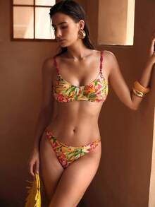 MOTF PREMIUM SUMMER MULTI-COLOR TROPICAL RAINFOREST PALM TREE FLORAL ANIMAL TEXTURE PRINT BEACH VACATION BIKINI SET - Multicolor - View 5