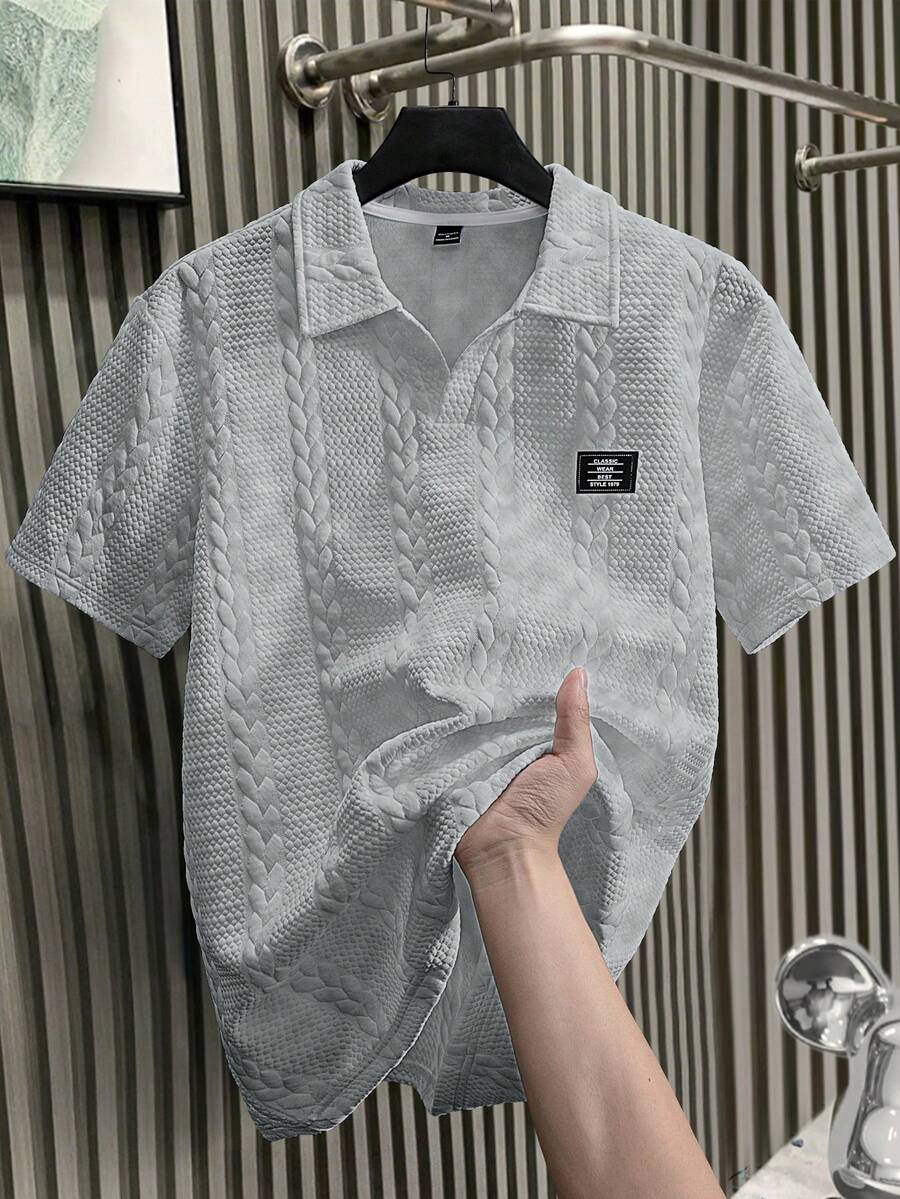 Manfinity Homme Men's V-Neck Polo Shirt,Light Grey Summer Textured Fabric Embroidered Design,Smart Casual Vacation Fashionable Versatile Comfortable Daily Wear Gift - Grey - View 1