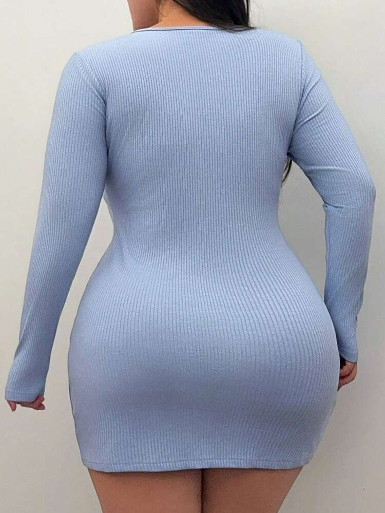 Dazy Plus Plus Size Women's Solid Color Knit Wrap Dress, Sexy Minimalist Casual Long Sleeve Zipper Front Mini Dress, Popular Colors For Spring & Summer