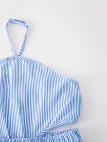 Sparklyn Tween Girl Striped Print Hollow Out Halter Neck Dress - Blue - View 4