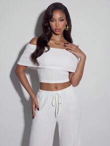 Normani 女士夏季休闲纯色露肩短款上衣和裤子两件套 - 白色 - 查看 6