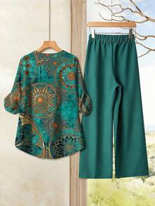 EMERY ROSE Plus Size Women Floral Print Roll-Up Sleeve Shirt And Pants Casual 2 Pieces Set - Multicolor - View 2