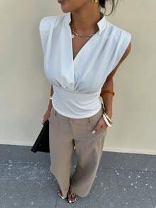 Lavishia Women's Fashion Commuter Brunch Wide Shoulder Stand Collar Blouse, Summer Teachers' Day White Elegant Smart Casual - White - View 3
