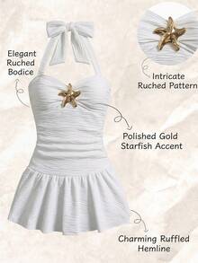 SHEIN Tween Girl Tween Girls' Solid Textured Spaghetti Strap Tie Bow Starfish Open Back One-Piece Swimsuit, Cute For Summer Beach - White - View 10
