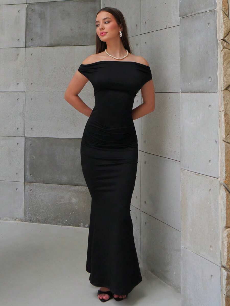 Duda Rubert Gaun Bodycon Ekor Ikan Hitam Wanita dengan Leher Berlipat, Gaun Pesta Musim Panas yang Elegan - Hitam - View 1