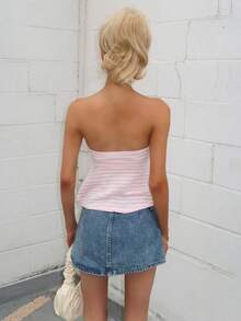 Sydney Algeri Summer Pink Striped Knitted Drawstring Tube Top - Pink - View 2