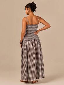 Athîral Women's Casual Plaid V-Neck Sleeveless Waist-Cinched Elegant Long Dress,For Summer Holiday Vacation Beach Festival, Brown Dress,Women's Plaid Dress - Multicolor - View 2