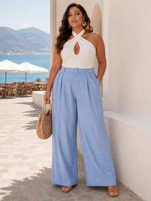 ELLERISSA Plus Size Blue Linen-Look Belted Wide Leg Trousers Fall - Blue - View 3