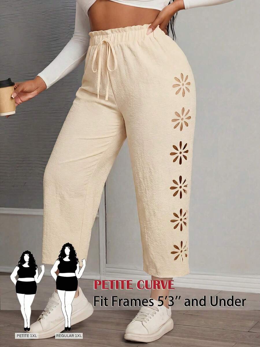SHEIN PETITE CURVE 大尺碼女款純色打結休閒長褲,夏季穿搭,鏤空設計 - 卡其色 - 查看 1
