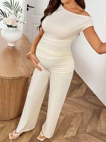 SHEIN Summer Outfit,Maternity Elegant Business Casual Solid Color Minimalist Asymmetric Neck Top And Pants 2 Pieces Set, Photoshoot White Photoshoot - Yellow - View 5