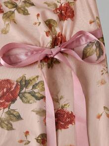 Floral Print Mesh Pleat Dress With Bow - Pink - View 5