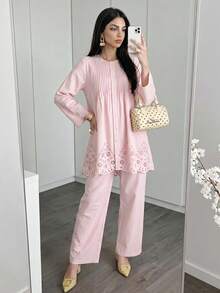 Solavon 女款純色百褶單排扣上衣與寬腿褲休閒兩件套，夏季度假風 - 淺粉色 - 查看 3