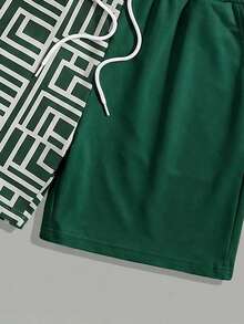 Sorvial Men's Colorblock Patchwork Geometric Print T-Shirt And Shorts Set, Holiday - Green - View 3