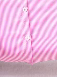 SHEIN Genkimix Kids Conjunto de blusa de manga larga a rayas azules y falda con cintura elástica decorativa para niñas preadolescentes, de moda para otoño/invierno - Rosa - Ver 6