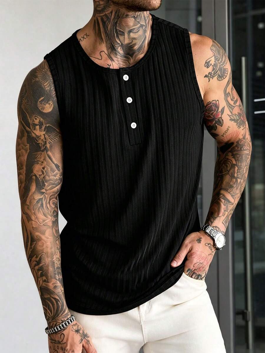 Manfinity CasualCool Áo tank top nam màu đen dệt kim gân, dáng ôm, chất liệu mềm mại và thoải mái, trang phục thường ngày cơ bản đa năng, phù hợp mặc ở nhà hoặc ngoài trời, thiết kế nửa khóa kéo với nút cài tương phản, áo vest phong cách đường phố mùa xuân/hè. - màu đen - Xem 1