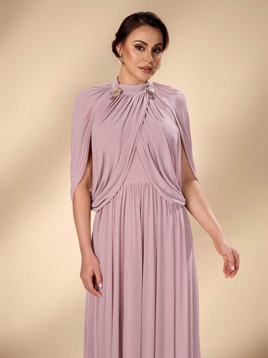 Serin Gaun A-line Rajut Elastis Lengan Berkerut Mewah dan Elegan dengan Gesper Logam, Cocok untuk Pernikahan, Pesta, Liburan, Acara Dansa, Festival, Wisuda, Gala, dan Gaun Ibu Pengantin. - Dusty Pink - View 1