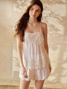 MOTF PREMIUM SPRING/SUMMER WOMEN'S EMBROIDERED CAMISOLE TOP & SHORTS PAJAMA SET - White - View 1