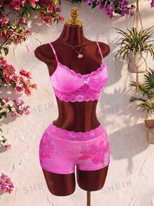 Amplova Summer Floral Print Lace Contrast Color Women's Set Home Pink Floral Sexy - Pink - View 6