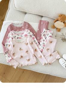SHEIN 6-Piece Set Baby Girls Bear Flower Cherry Print Top And Pants - Pink - View 3