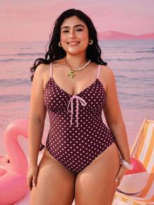 Swim Mod 大尺碼女款圓點印花繫帶式連身泳衣，甜美女孩風，適合夏季海灘度假 - 彩色 - 查看 3