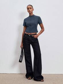 ATUI Studio Blouse décontractée à double boutonnage et manches courtes de couleur unie pour femmes - Bleu azur - Voir 3