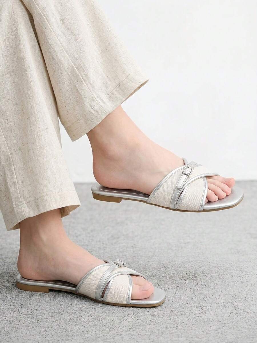 CUCCOO BIZCHIC Women's Fashion Silver Buckle Match Flat Sandals Summer - Silver - View 1