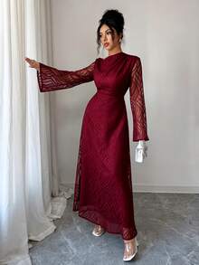 Modelyn Gaun Musim Semi/Gugur Elegan Gaya Liburan Elegan Warna Polos Kain Bertekstur Lengan Mengembang dengan Ikat Pinggang - Burgundy - View 6