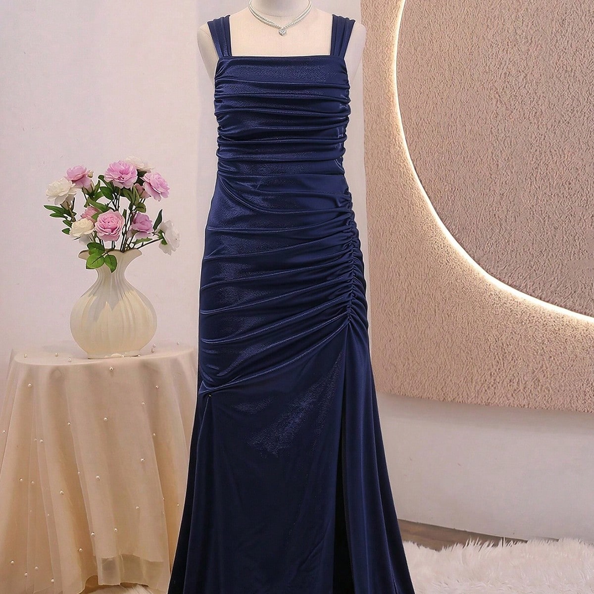 Vestido largo de cintura alta con cuello cuadrado, diseño de cintura ceñida, tela de satén, adecuado para graduación, baile de graduación, fiesta