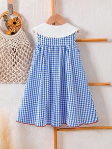 SHEIN Elladie kids 女童休閒藍色格紋洋裝，甜美3D蝴蝶結、荷葉邊飾、圓領開胸設計，優雅適合日常穿著、度假與通勤 - 藍色 - 查看 3