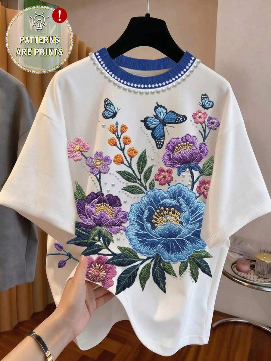 SHEIN Essnce 休閒極簡圓領短袖寬鬆女款T恤,適合夏季 - 彩色 - 查看 1