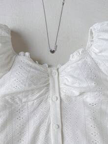 SHEIN 青少年女孩不對稱肩緹花休閒時尚百搭親子上衣 - 白色 - 查看 3