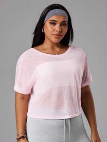 SHEIN Rhythm Era Plus Size Women's Fashion Casual Elegant Fitness Running Outdoor Semi-Sheer Loose Backless Short Sleeve Yoga Sports Top - Baby Pink - View 5